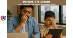 Man and child experiencing digital eye strain from prolonged screen use in Bangalore – symptoms include dry eyes, headaches, and blurry vision
